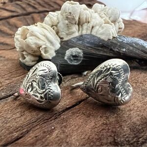 Artisan Navajo? 925 Screw-back Puffy Heart Earrings Sterling Silver Etched